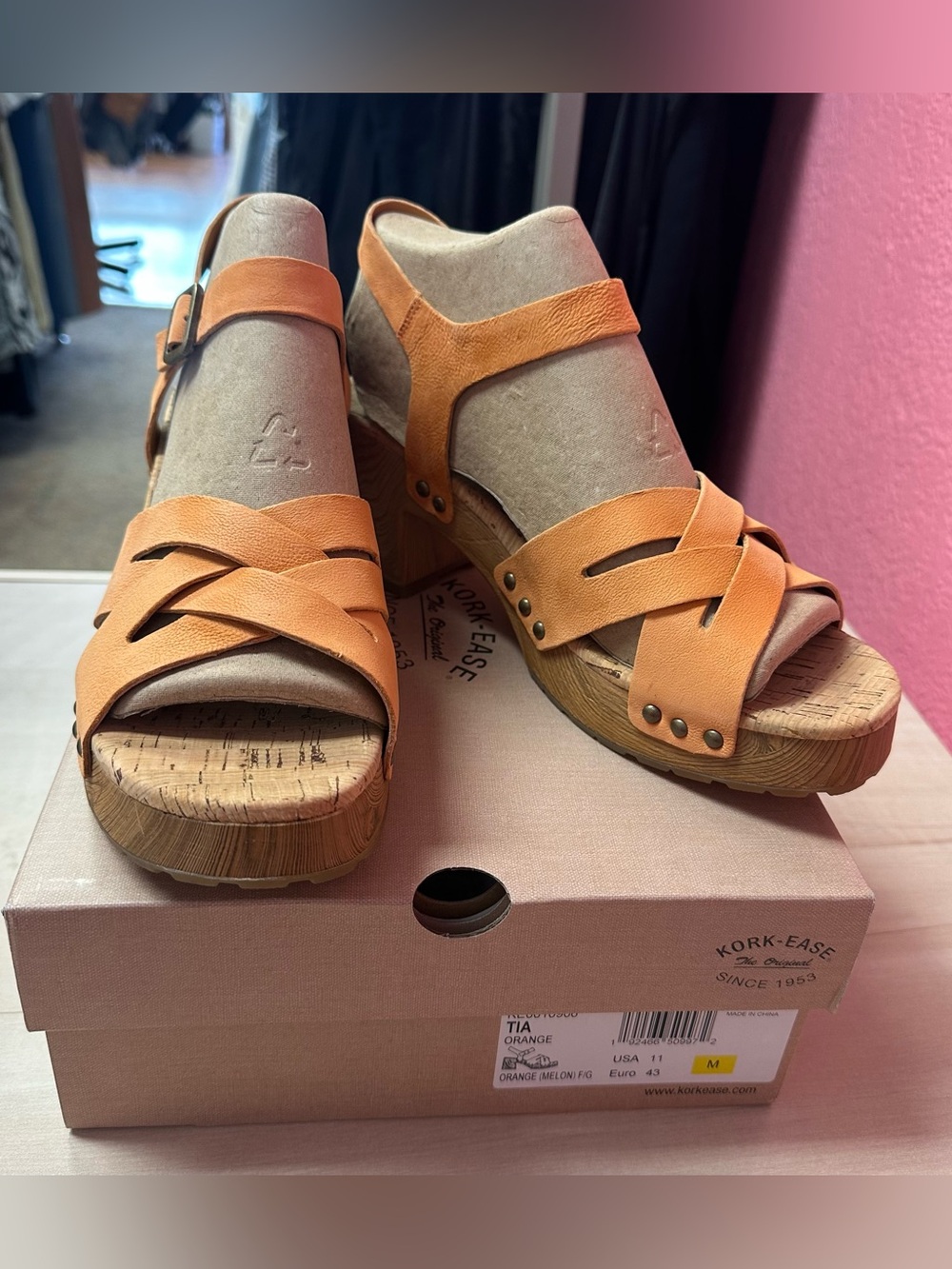Kork-Ease Orange Leather Crisscross Platform Sandals